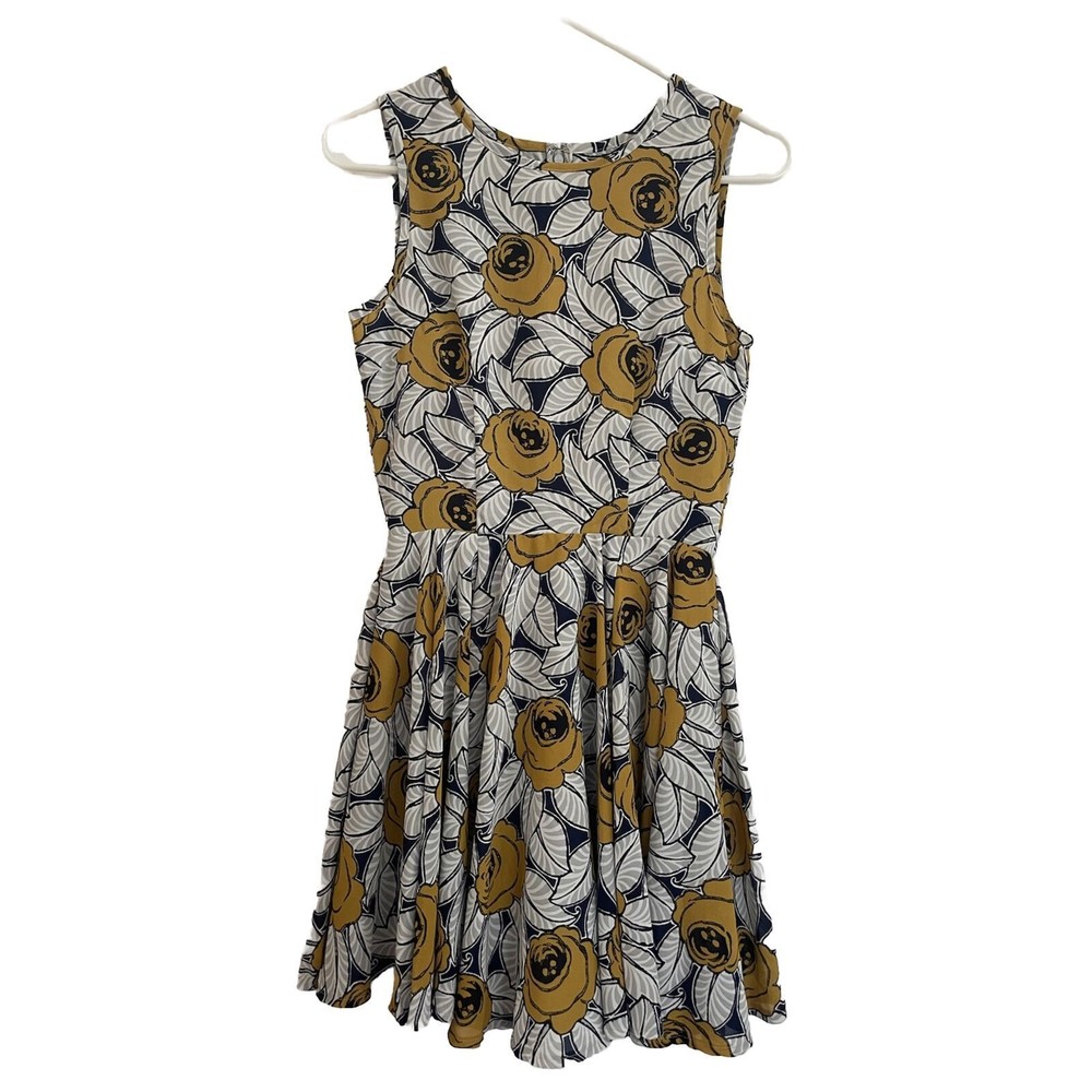 Maison Jules NWT Mustard Yellow Floral Mini Dress Crew neck Fit n Flare Size XS